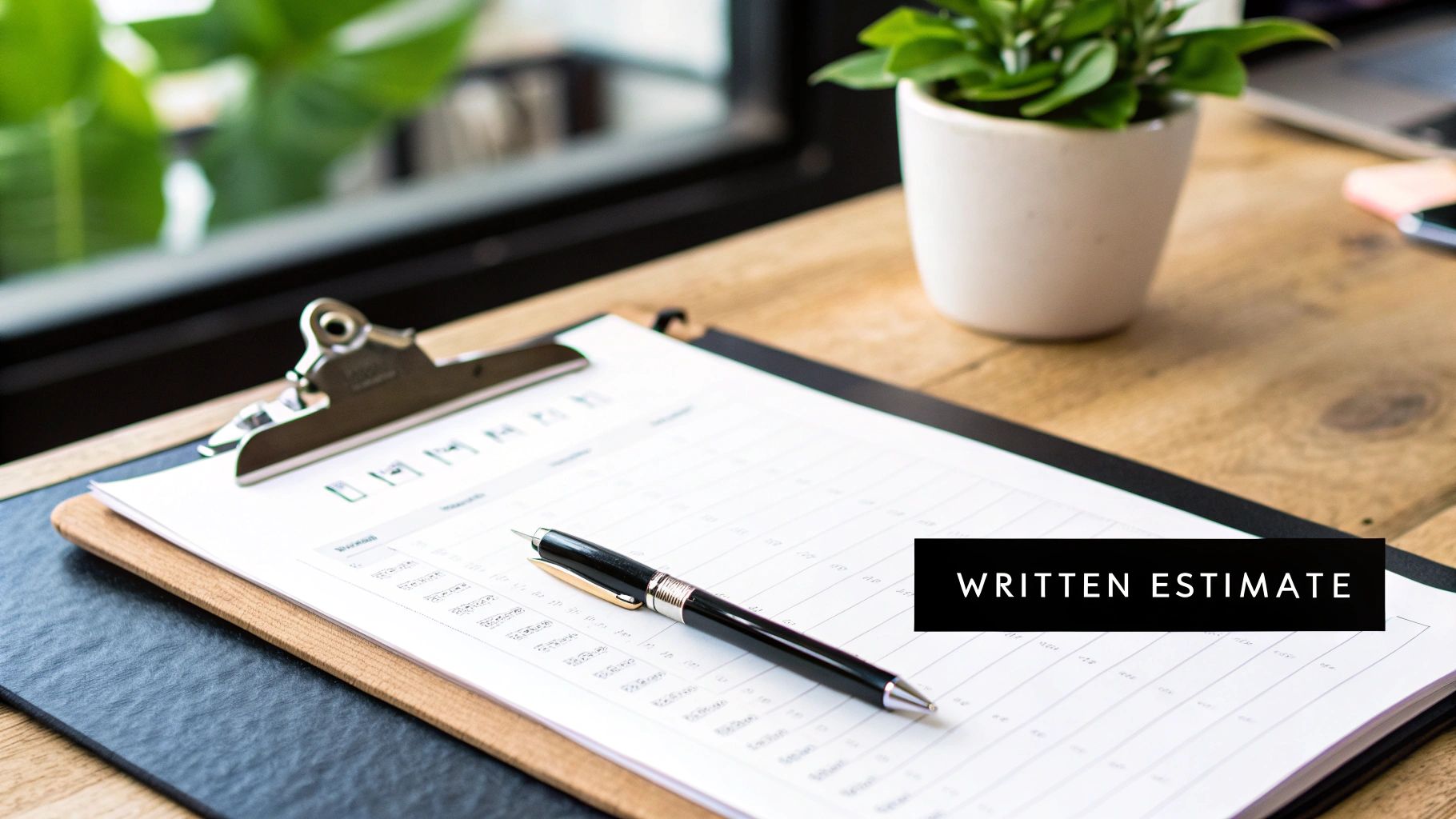 A close-up of a written estimate document on a clipboard with a pen on a wooden desk.