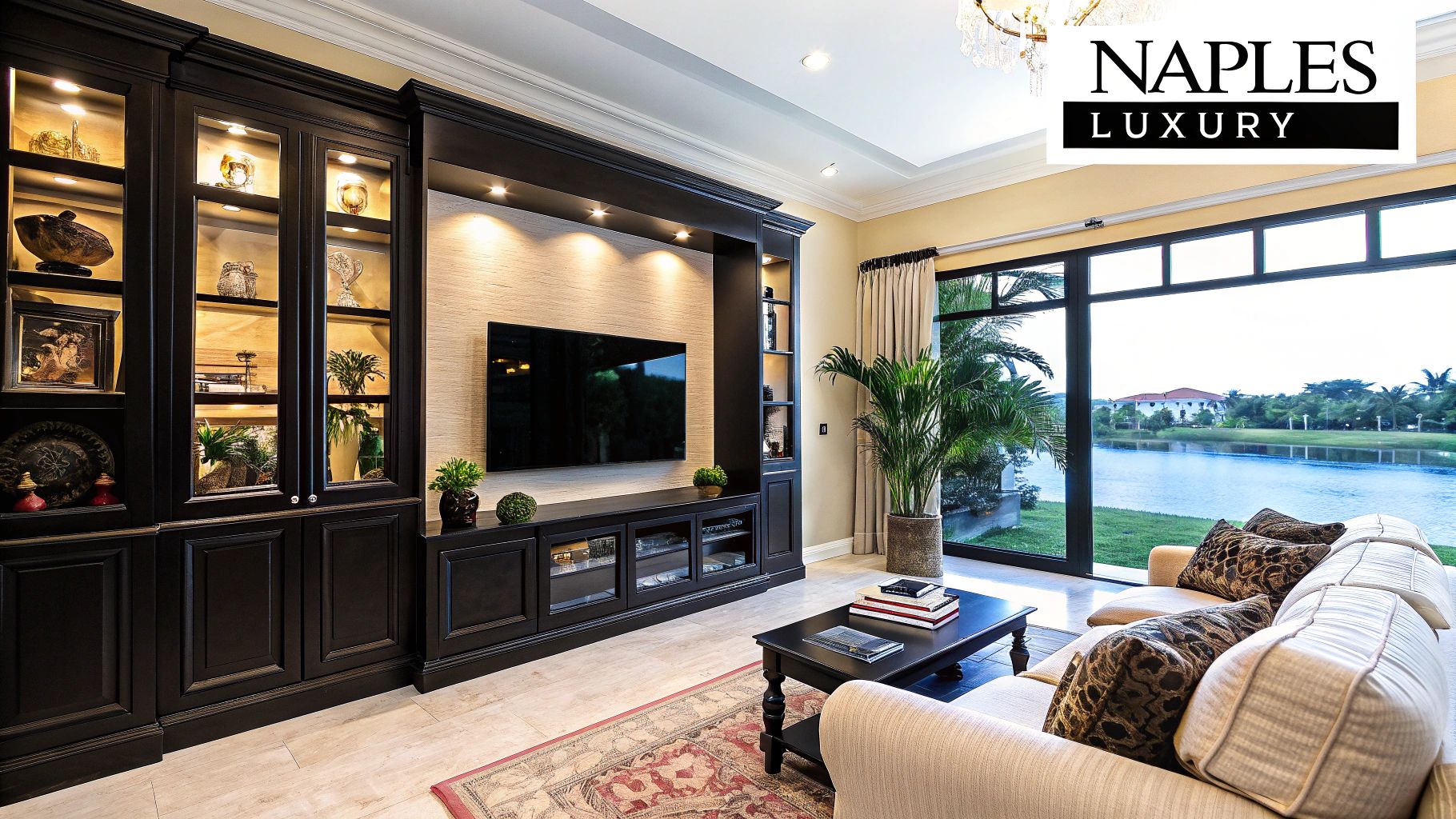 A luxurious custom kitchen with white cabinetry and a large island, reflecting the style of Naples luxury.