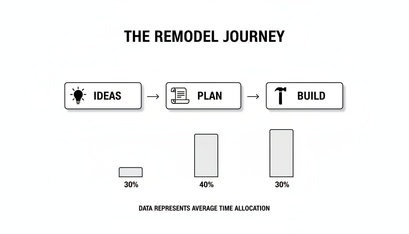 A remodel journey infographic detailing Ideas, Plan, and Build phases with their average time allocations.
