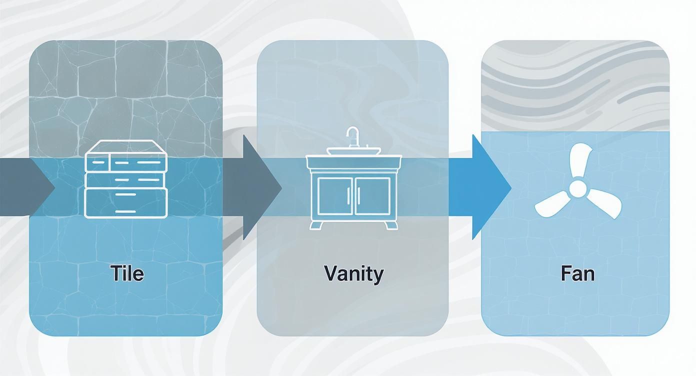 Infographic showing the process flow for selecting bathroom materials in Florida, with icons for tile, vanity, and ventilation fans.
