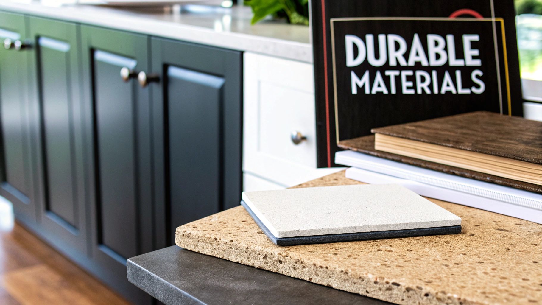 Kitchen design samples: light and speckled countertops on dark counters, with elegant dark and white cabinets.