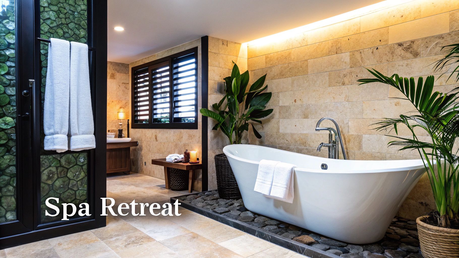 Luxury spa bathroom with freestanding white tub, travertine walls, tropical plants, and ambient lighting