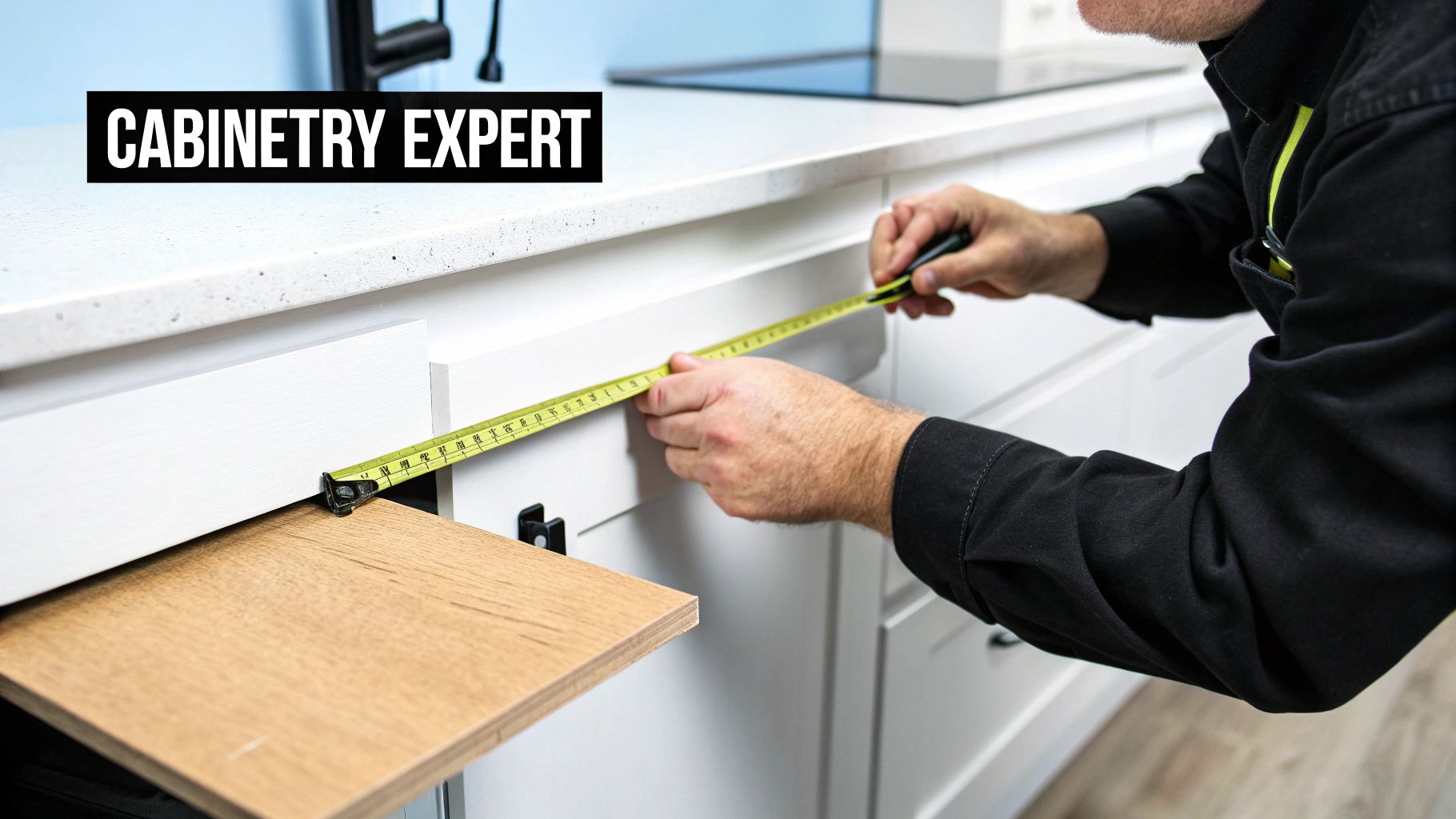A cabinetry expert uses a tape measure to get precise measurements for kitchen cabinets.