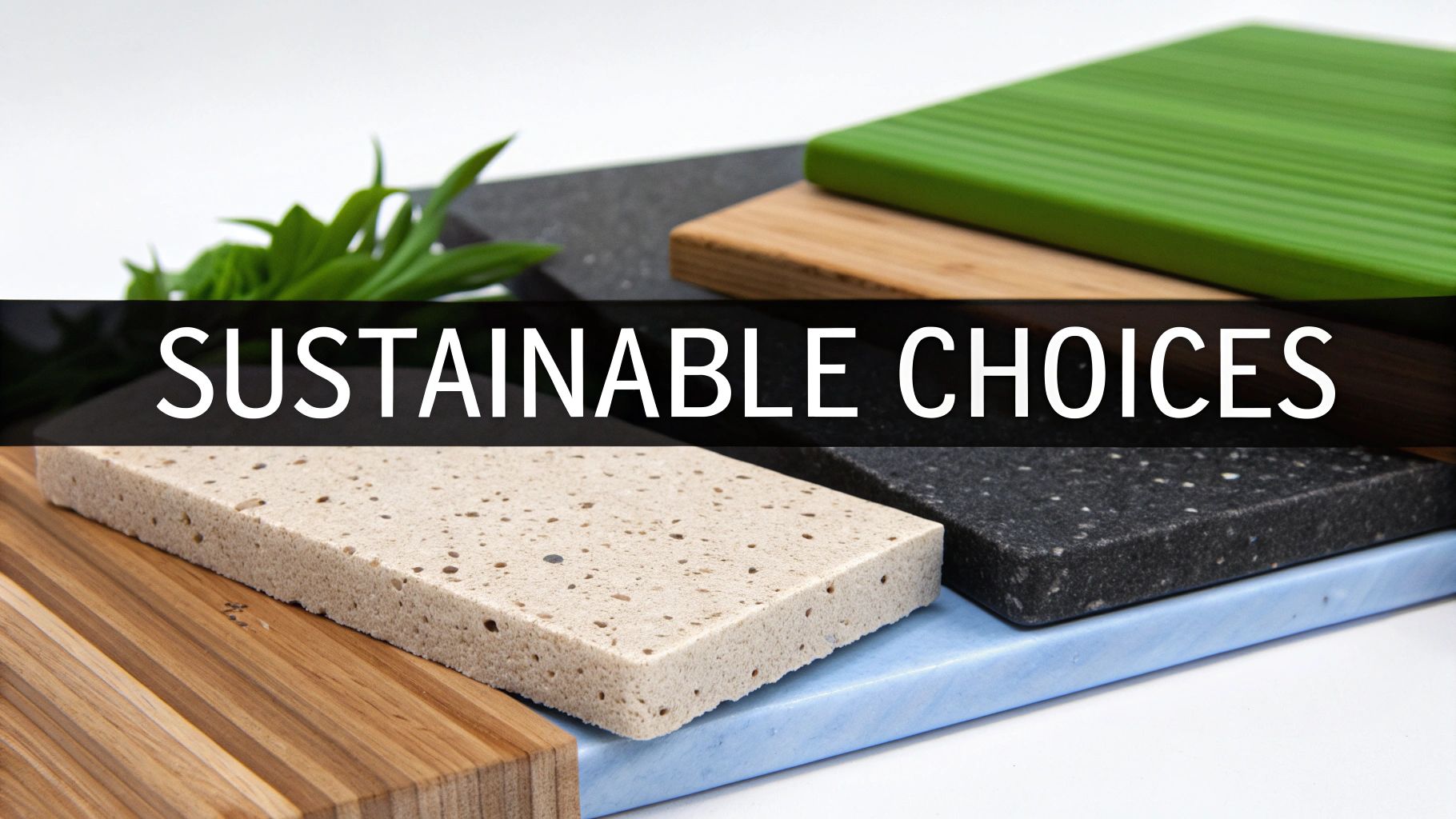 A kitchen featuring sustainable recycled glass countertops.