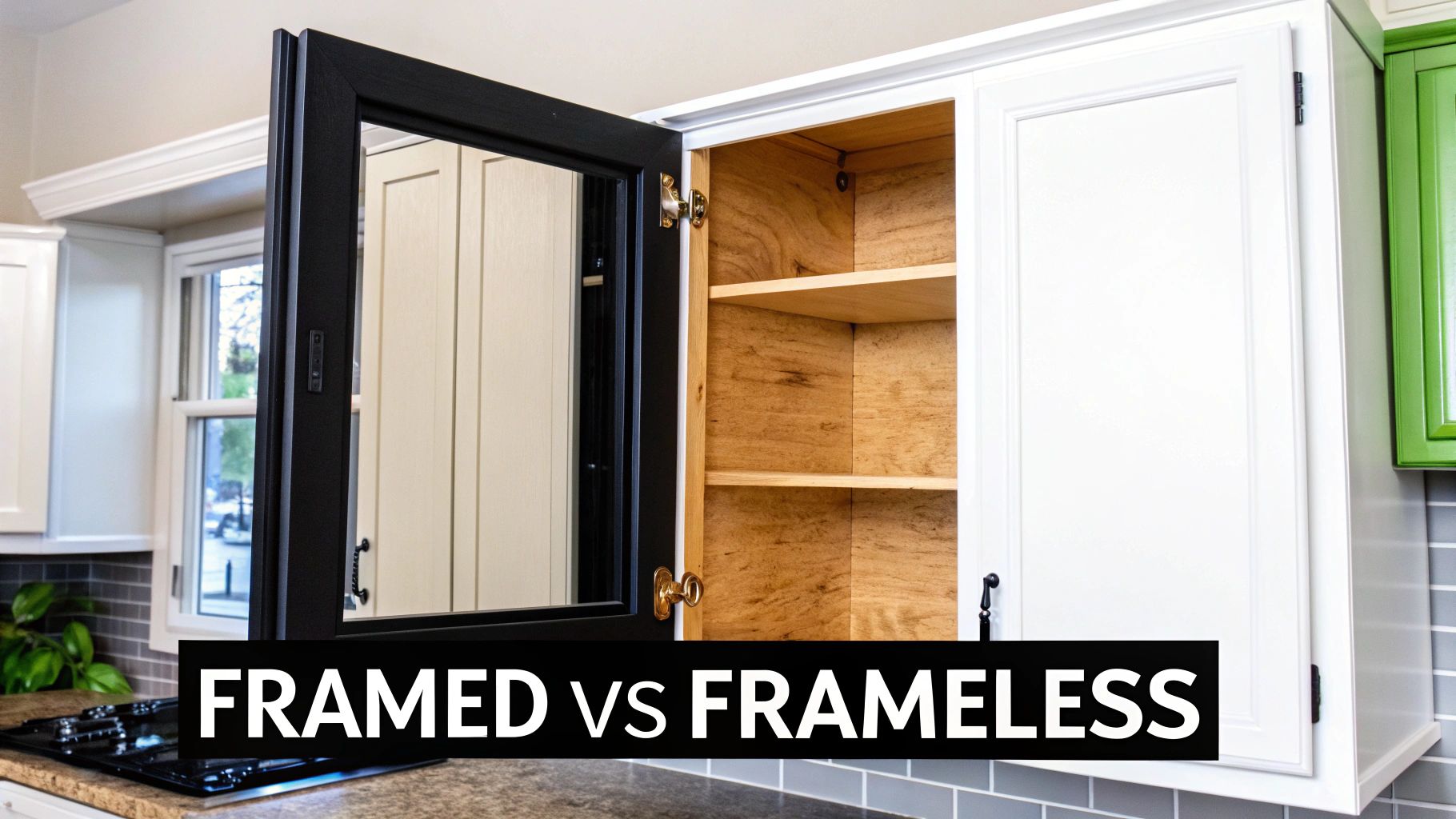 Comparison of framed and frameless kitchen cabinets with one door open showing wooden shelves.