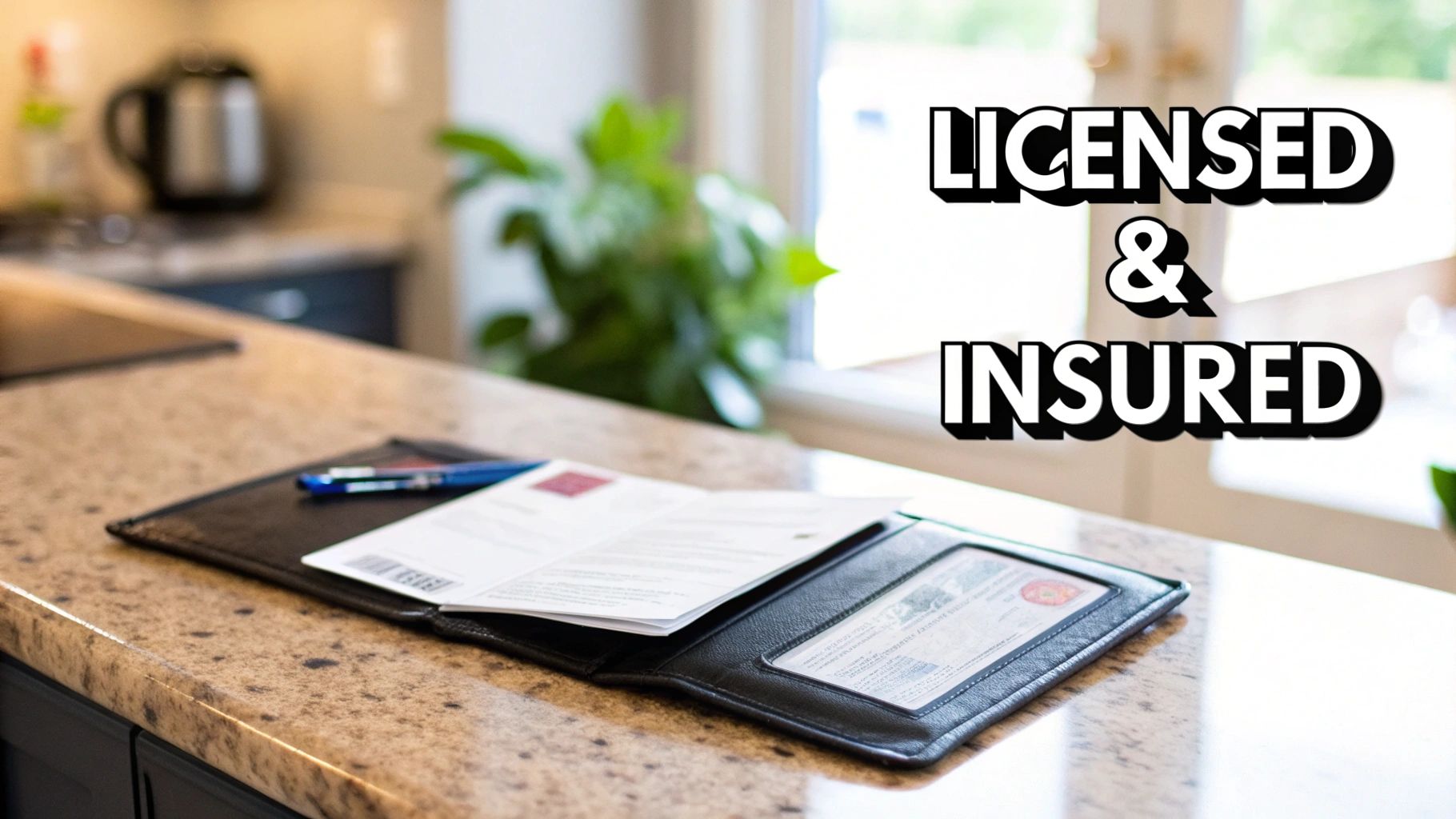 An open document holder on a kitchen counter, showing a license, documents, and a pen, with 'Licensed & Insured' text overlay.