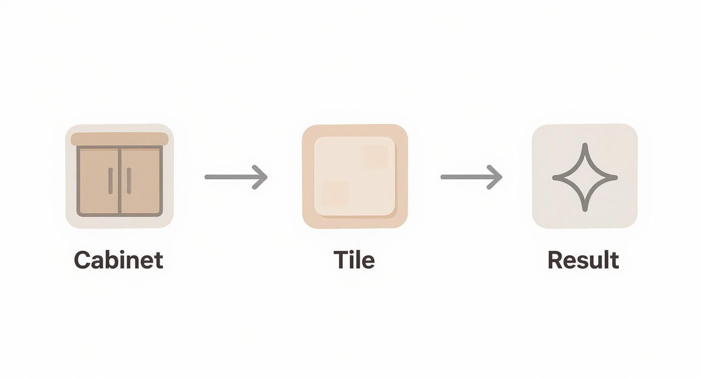 Diagram showing a cabinet icon leading to a tile icon, then to a sparkling result icon.