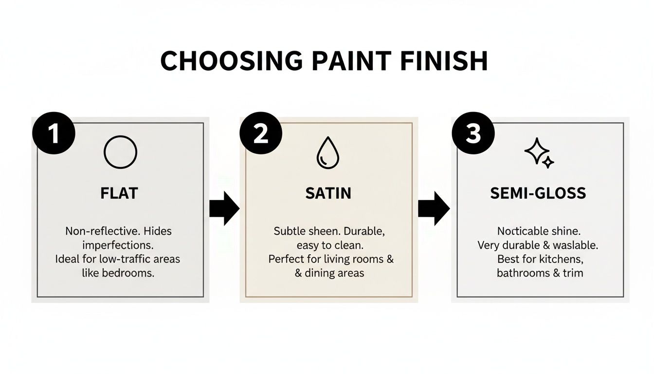 A visual guide illustrating three paint finishes: Flat, Satin, and Semi-Gloss, with descriptions for each.