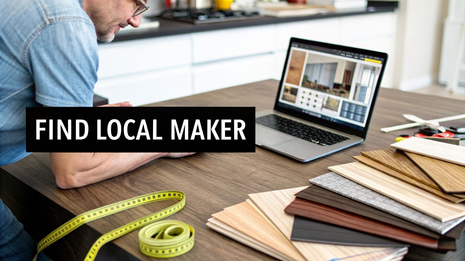 A designer looking at kitchen cabinet ideas on a laptop with wood samples and a measuring tape.