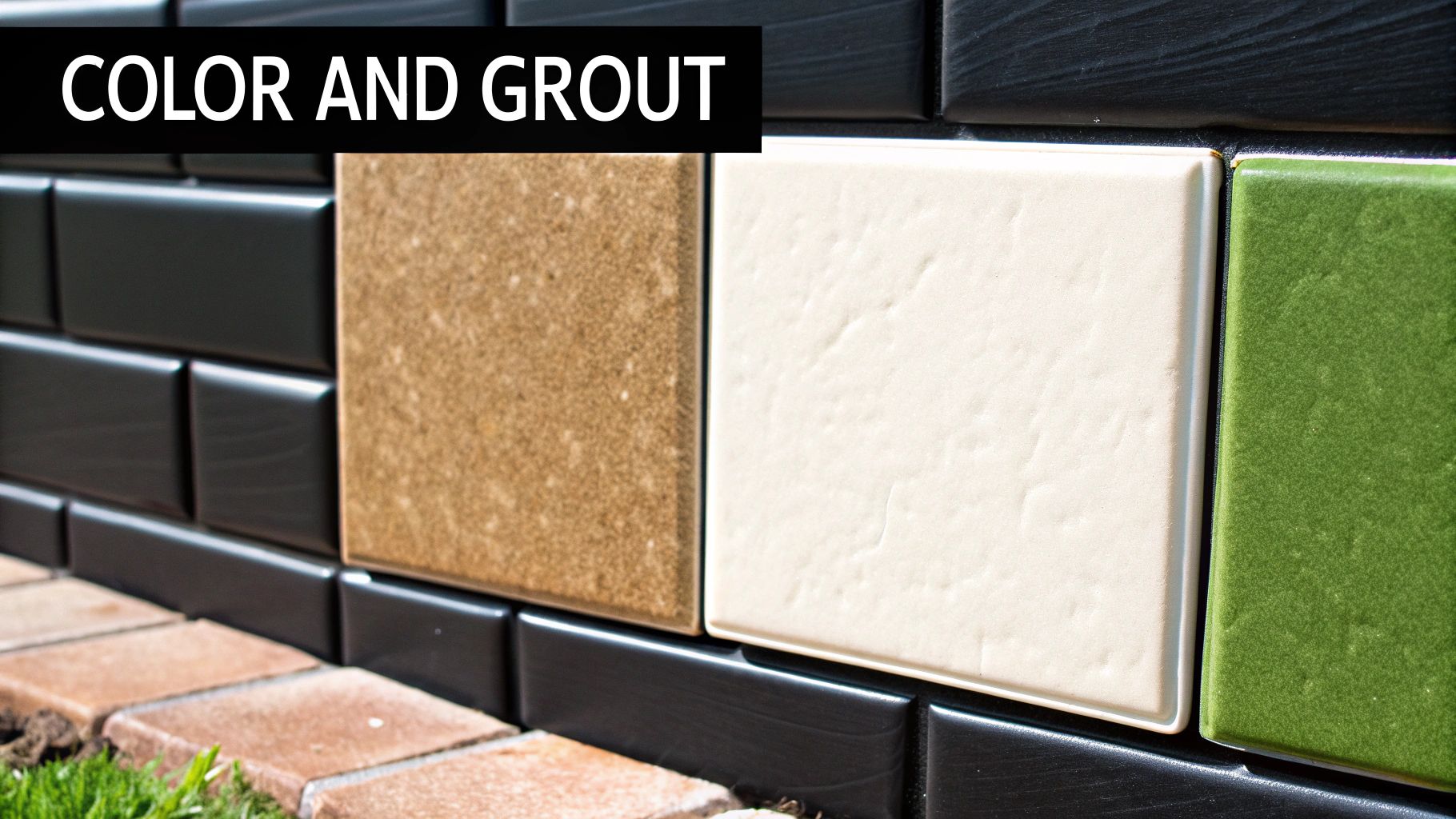 Close-up of different colored tile samples including black subway, brown, off-white, and green, showing grout lines.