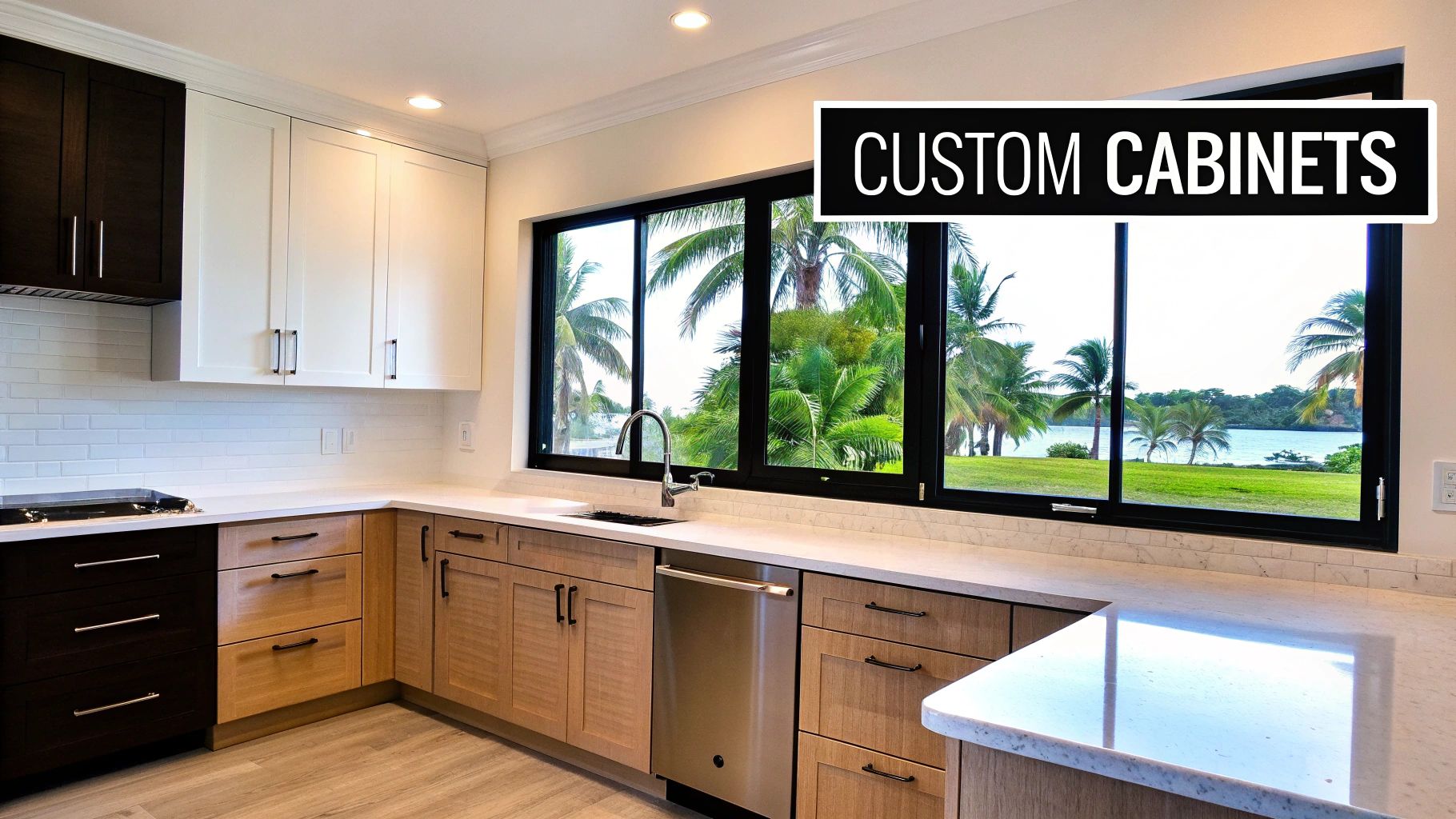 A beautiful modern kitchen with custom dark and light wood cabinets, white countertops, and a stunning tropical view.