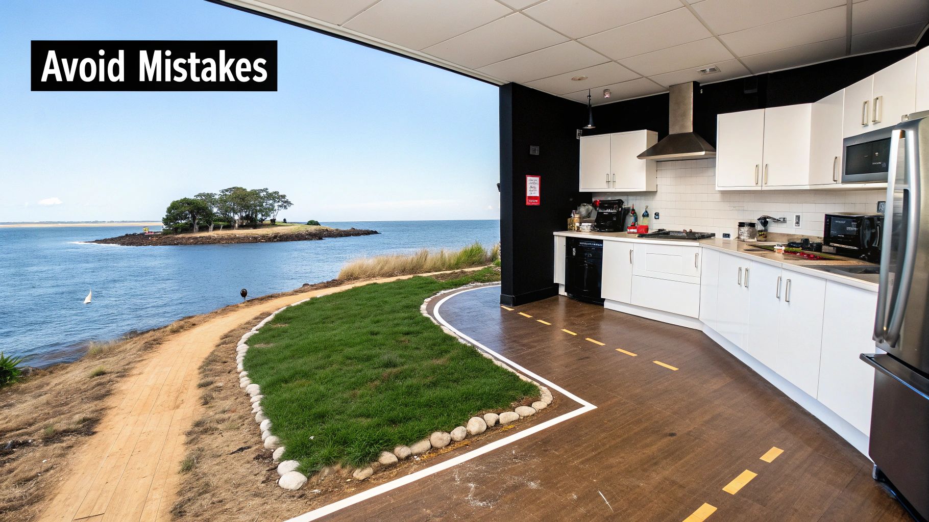A modern white kitchen with road-like floor markings, opening to a scenic bay with an island.