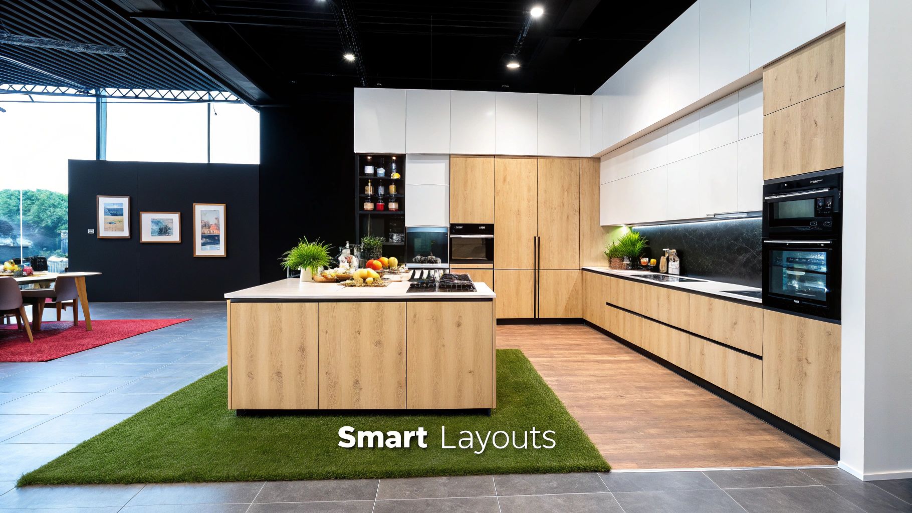 A spacious modern kitchen showroom featuring light wood cabinets, a central island, and integrated appliances.