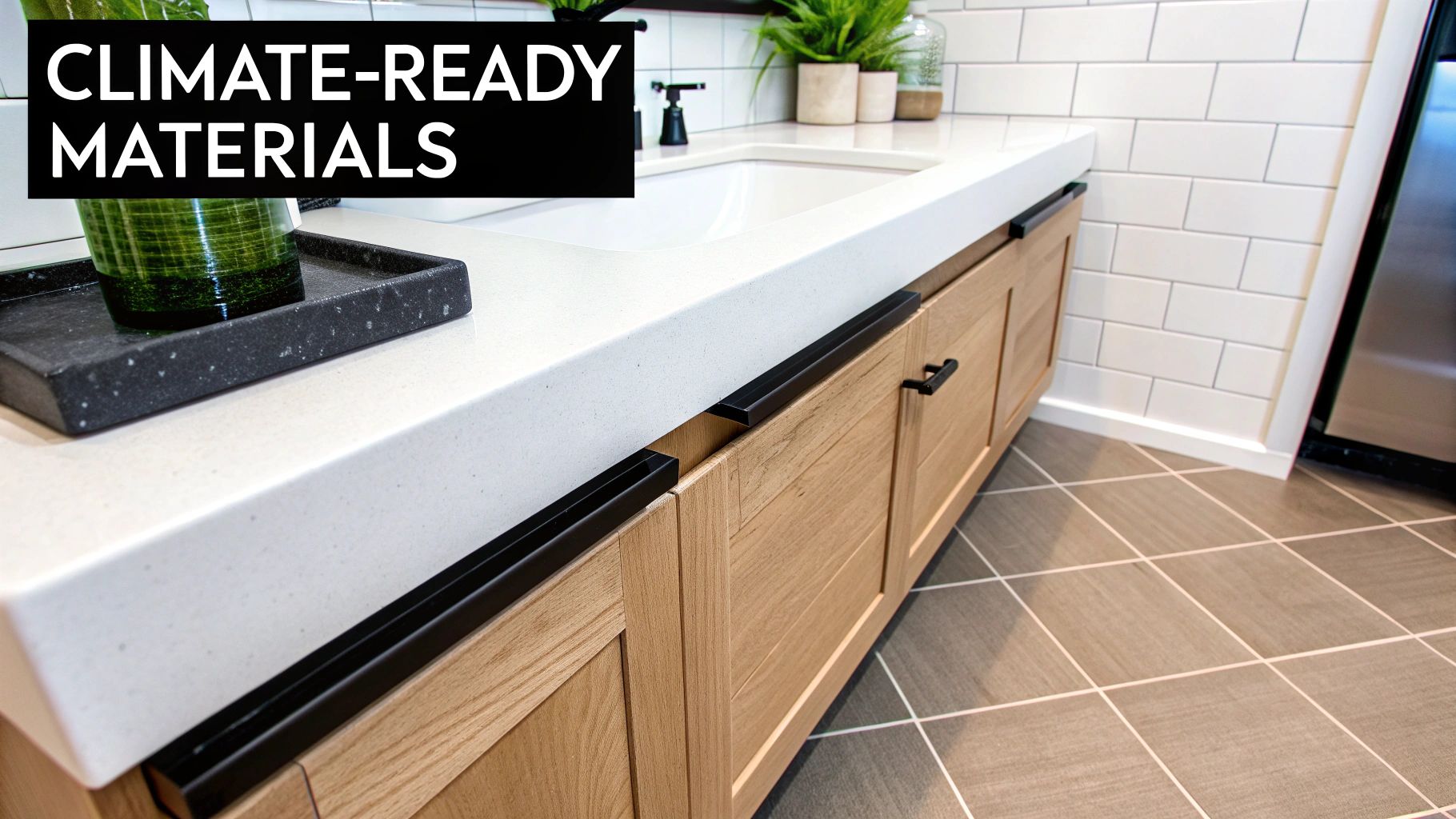 A modern bathroom vanity featuring a white countertop, light wood cabinets, and black hardware.