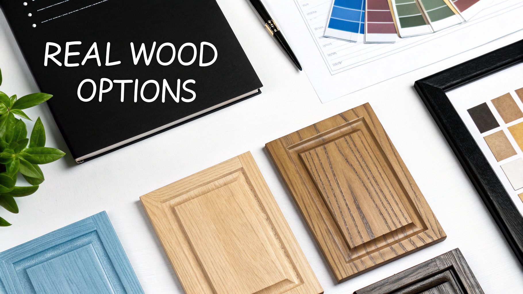 Variety of real wood cabinet samples and color swatches laid out for home renovation planning.