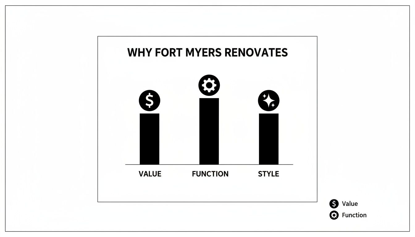 Bar chart titled 'Why Fort Myers Renovates' showing Value, Function, and Style as reasons.