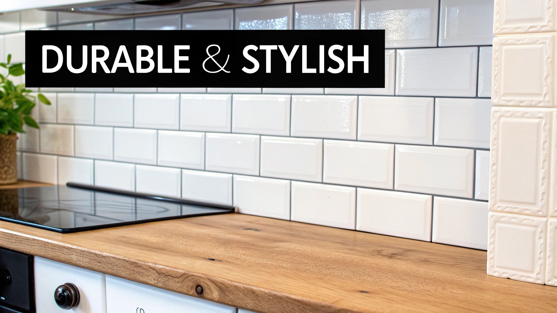 A modern kitchen interior featuring a durable white subway tile backsplash, wooden countertop, and induction hob.