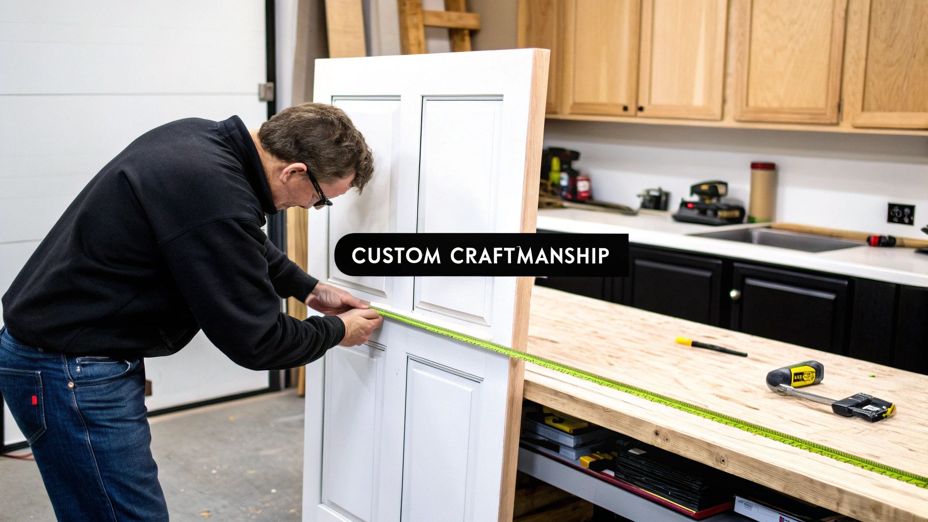 A craftsman precisely measures a white cabinet door in a workshop, emphasizing custom work.