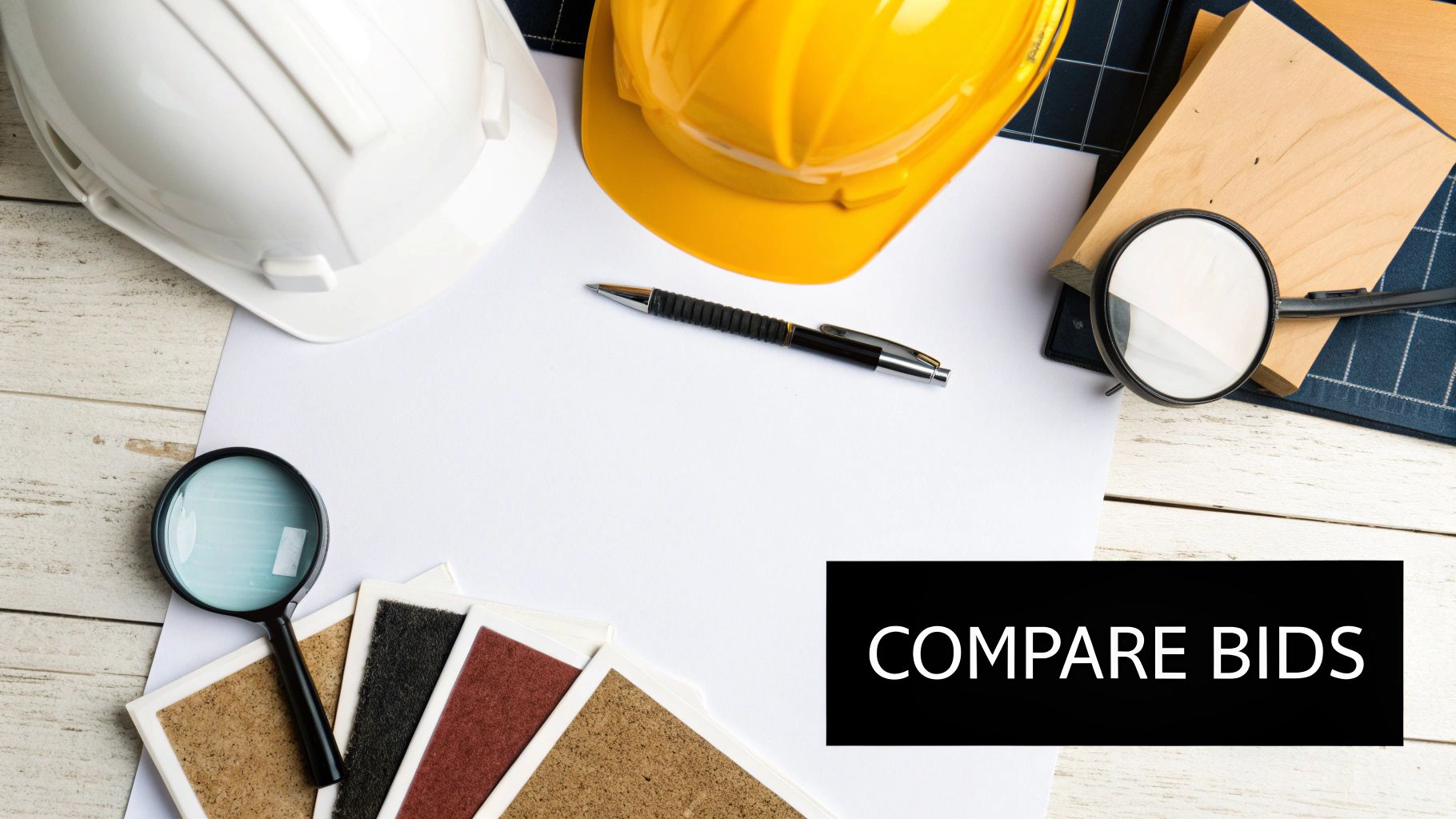 A homeowner reviewing kitchen remodeling bids at a table with a contractor.