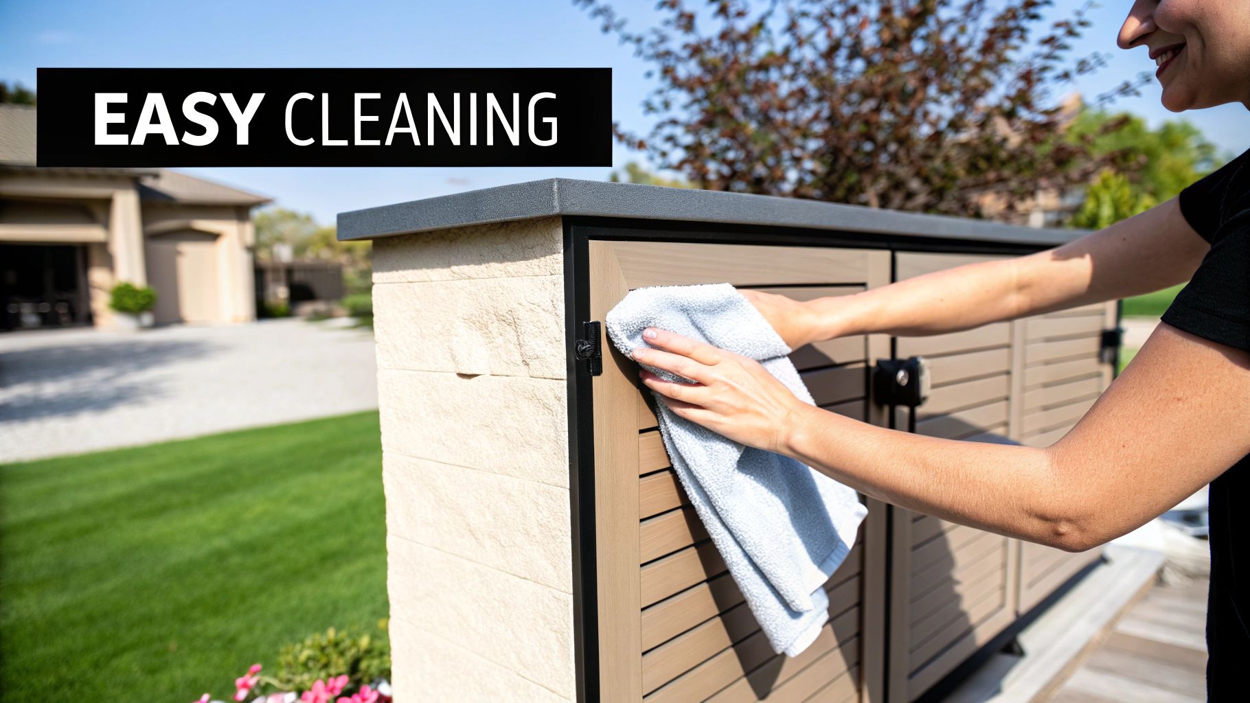 Beautiful outdoor kitchen with cabinets that match the home's modern farmhouse style.