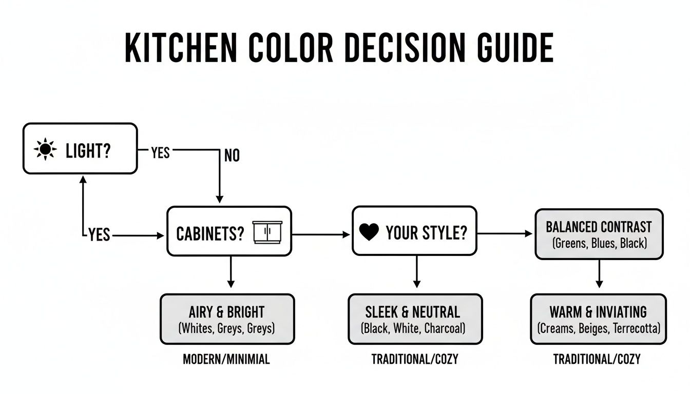 Flowchart guide helping decide kitchen colors, considering light, cabinets, and personal style for various aesthetics.
