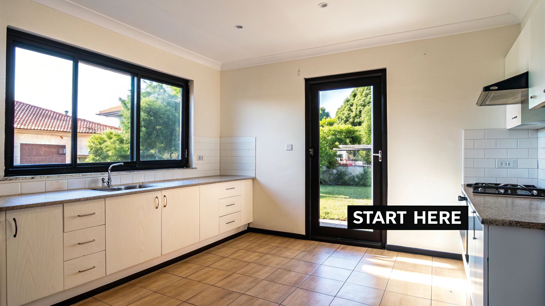 A bright kitchen with light wooden cabinets, a sink under a large window, and a door to a backyard.