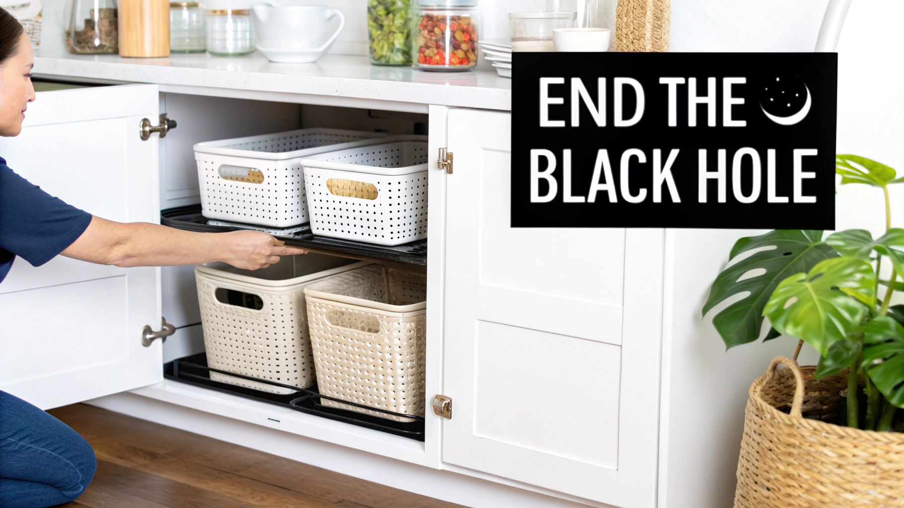 An organized deep kitchen cabinet with pull-out drawers showing neatly arranged pots, pans, and lids.