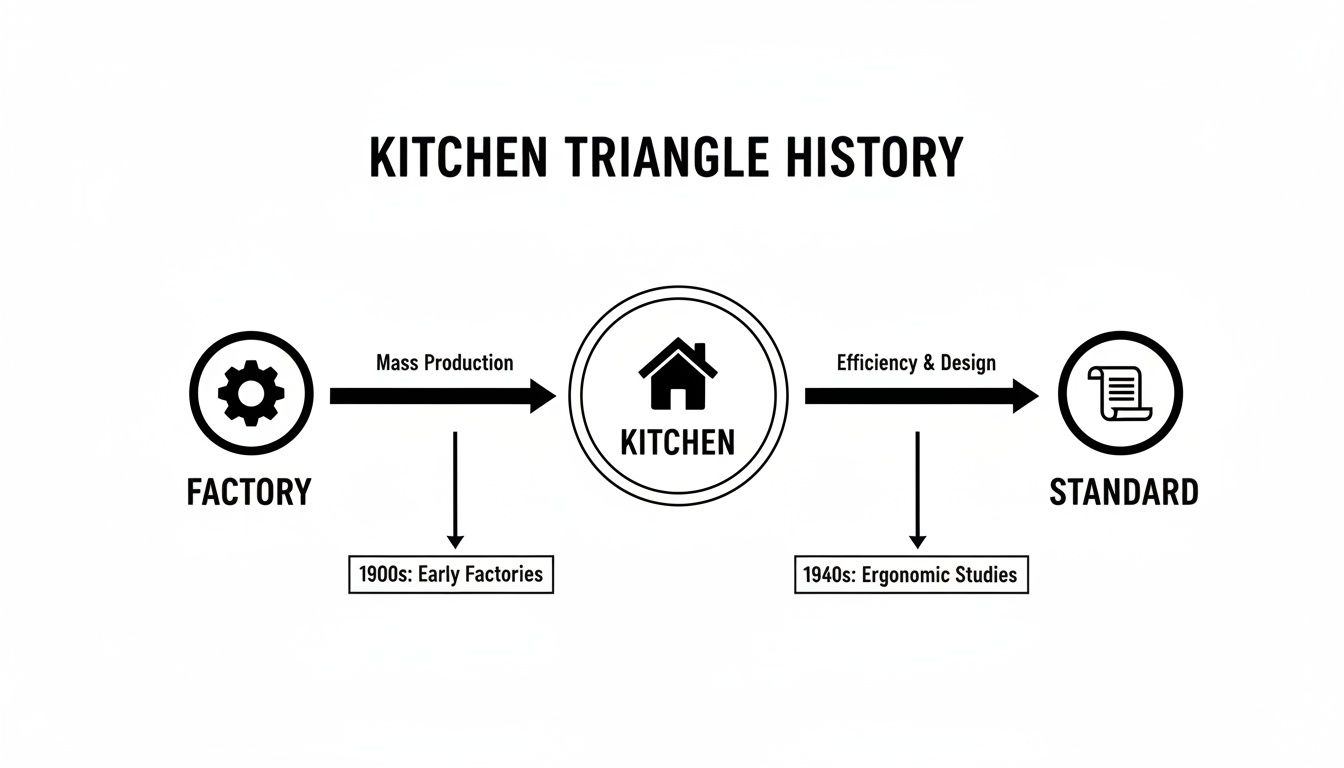 Flowchart showing the history of kitchen triangle design, from factory mass production to ergonomic standards.