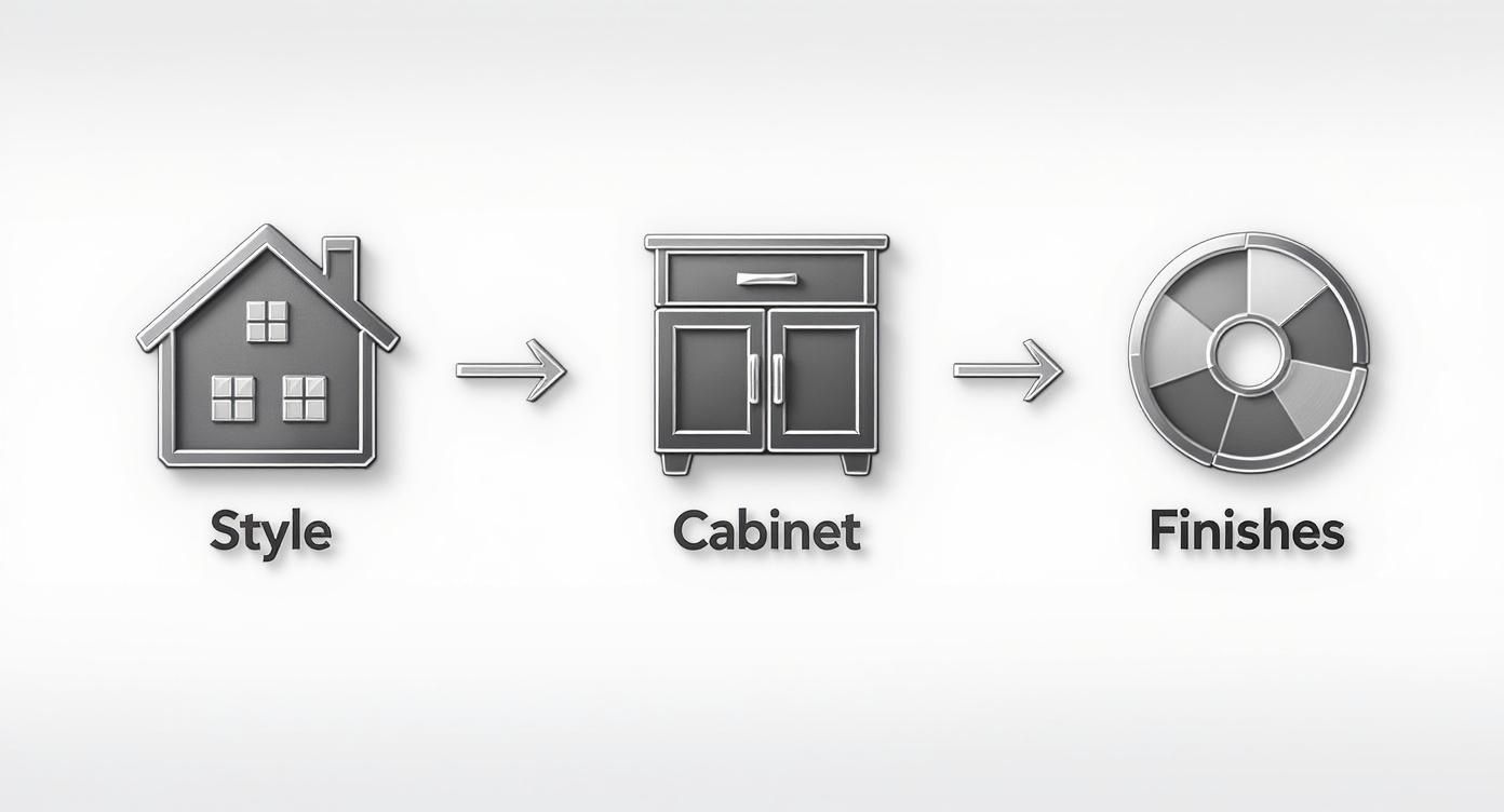 A diagram illustrates the design process from house style, to cabinet selection, then to finishes.