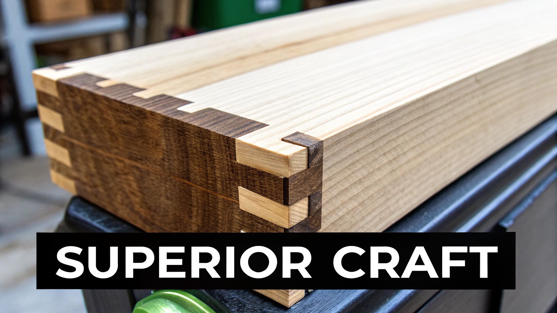 Close-up of a beautifully crafted dovetail joint on a wooden kitchen drawer.