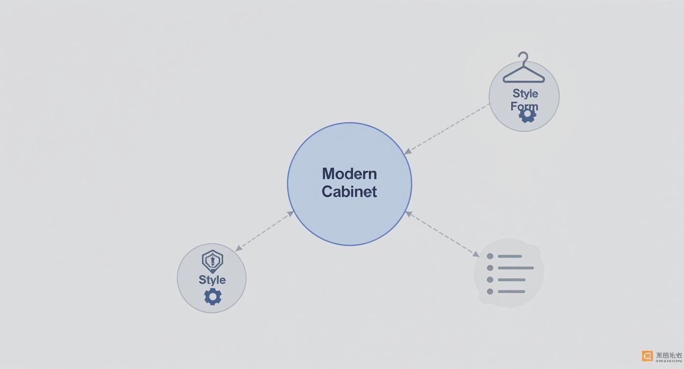 A conceptual diagram illustrating 'Modern Cabinet' as the central idea, connected to 'Style', 'Style Form', and a bulleted list representing features or specifications.