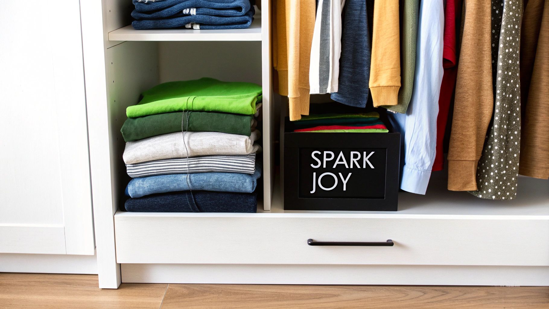Organized closet with neatly folded clothes, hanging garments, and black spark joy storage box
