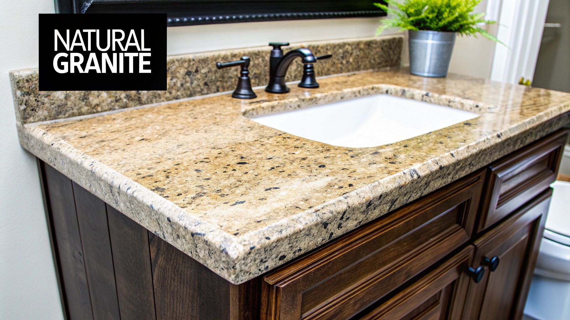 A close-up of a bathroom vanity featuring a natural granite countertop, white sink, and dark wood cabinets.