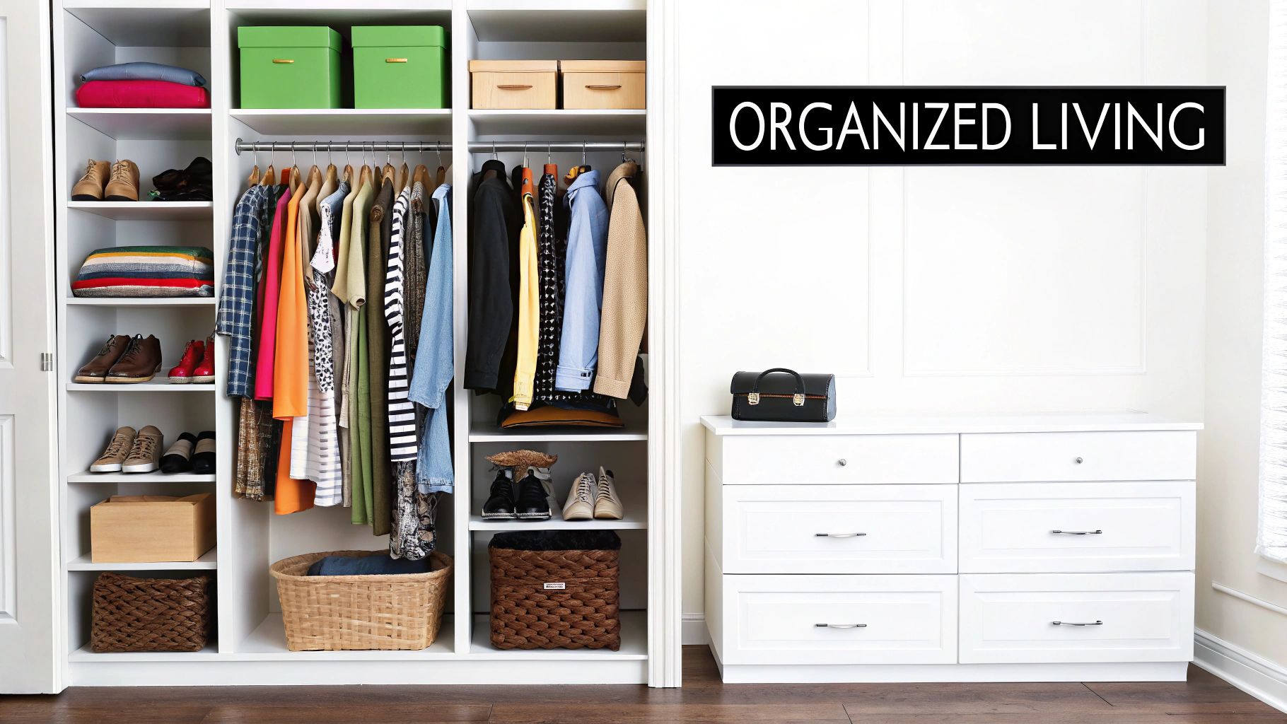 A well-organized modern walk-in closet with neat shelves and hanging clothes.