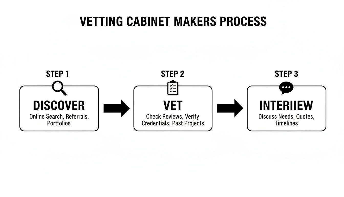 Infographic showing a three-step process for vetting cabinet makers: Discover, Vet, and Interview.