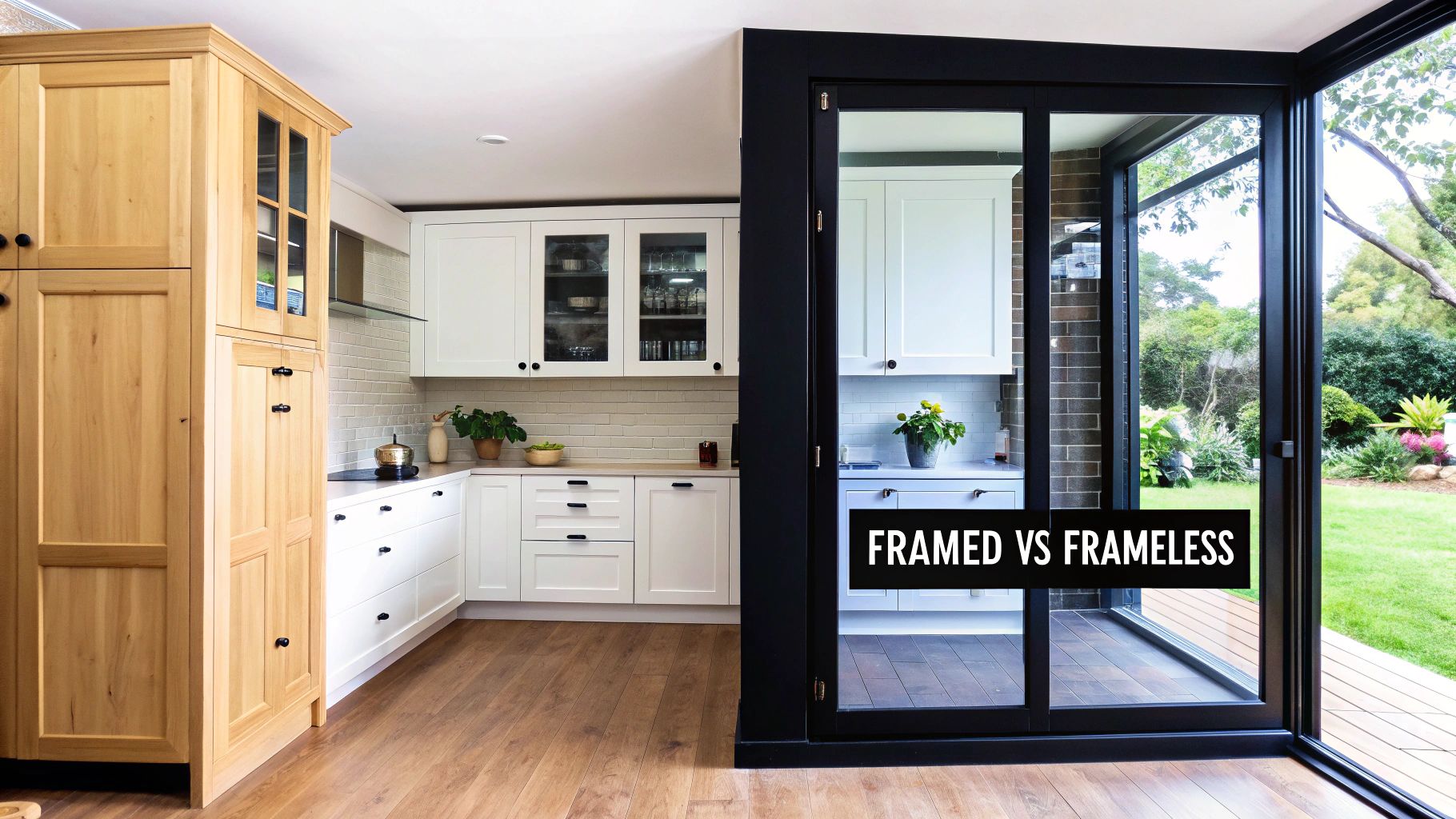 Modern kitchen featuring light wood and white framed cabinets, with a black-framed glass door opening to a lush garden.