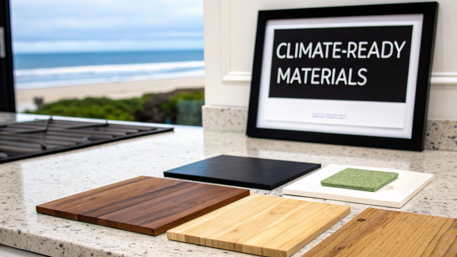 Climate-ready material samples, including wood and composites, on a kitchen countertop with an ocean view.