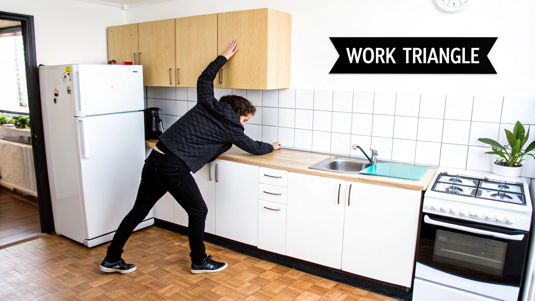 A person stretches across a kitchen counter, illustrating kitchen ergonomics and the work triangle concept.