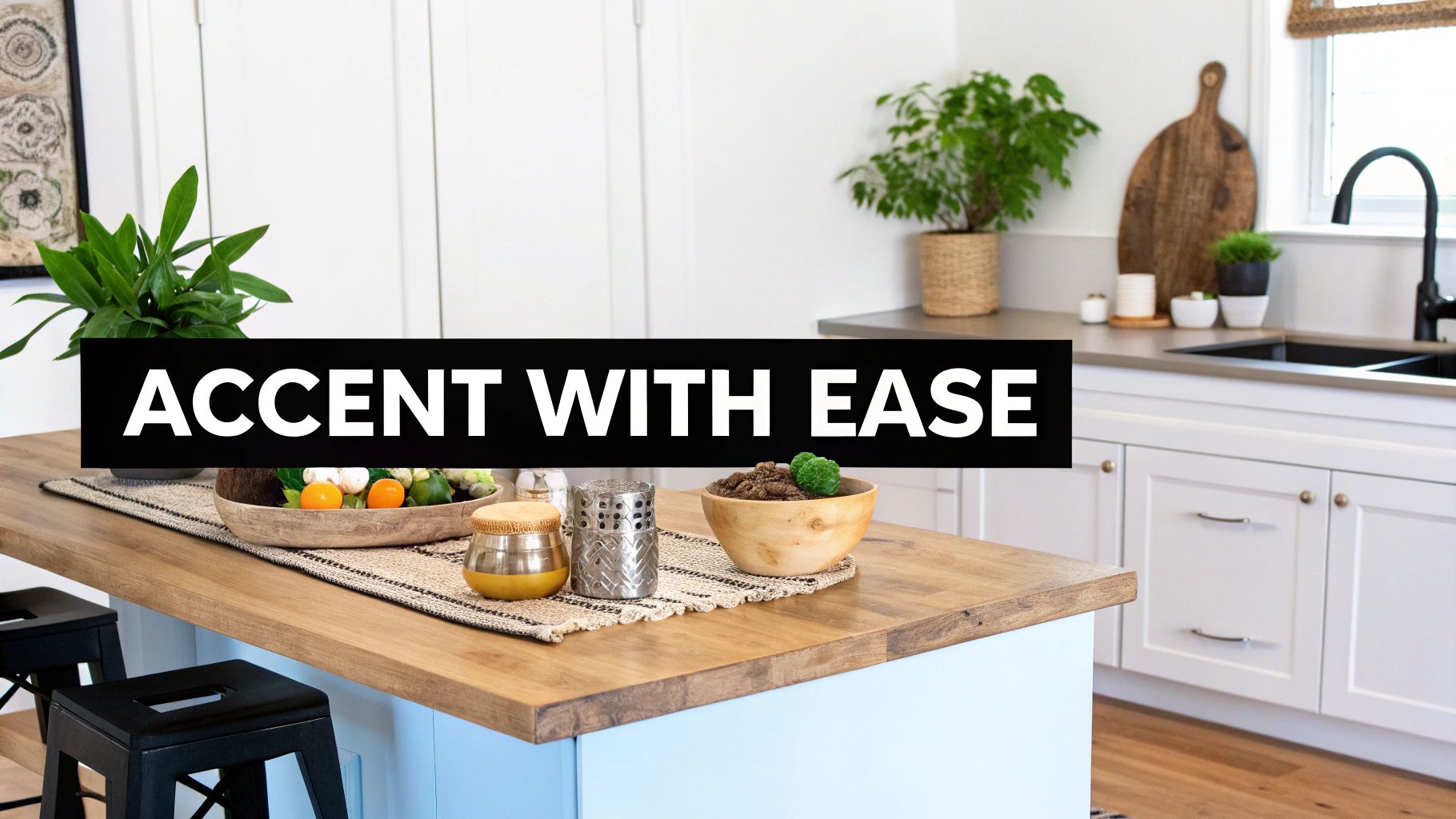 A bright kitchen with a light blue island, wooden countertop, and decorative elements on top.