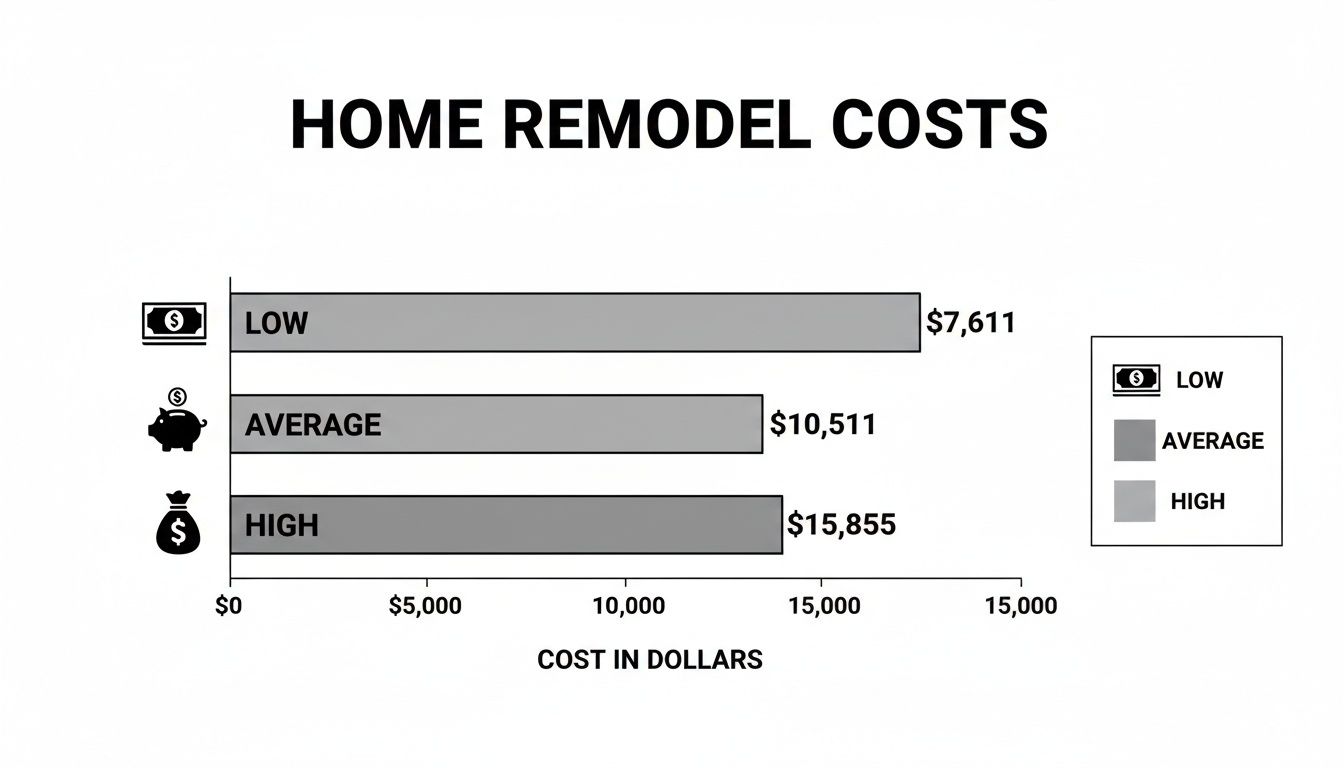 Horizontal bar chart displaying home remodel costs: Low ($7,611), Average ($10,511), and High ($15,855).