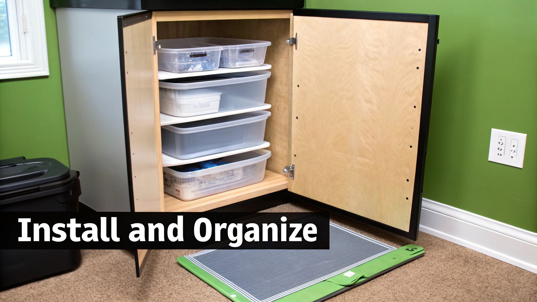 A person organizing jars and containers on a newly installed lazy susan inside a kitchen cabinet.