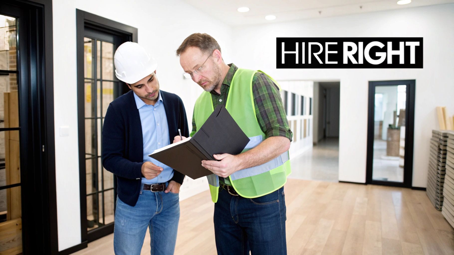 Two men, one in a hard hat, discuss plans on a construction site with a HIRE RIGHT logo.