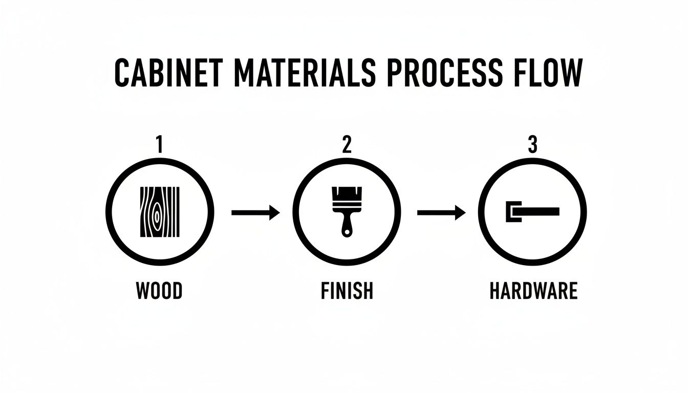 A simple flowchart illustrating the cabinet materials process flow: wood, finish, and hardware.