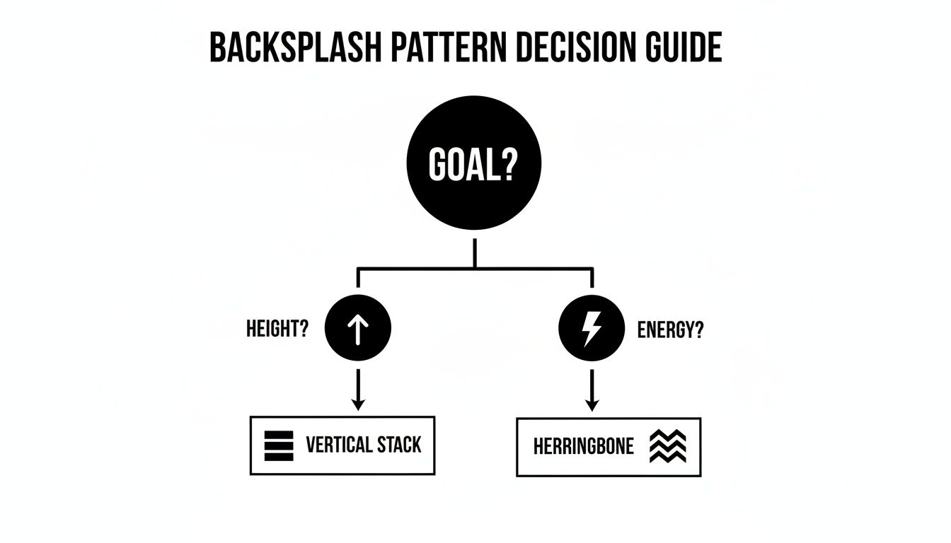 A flowchart guides backsplash pattern decisions based on desired height (vertical stack) or energy (herringbone).