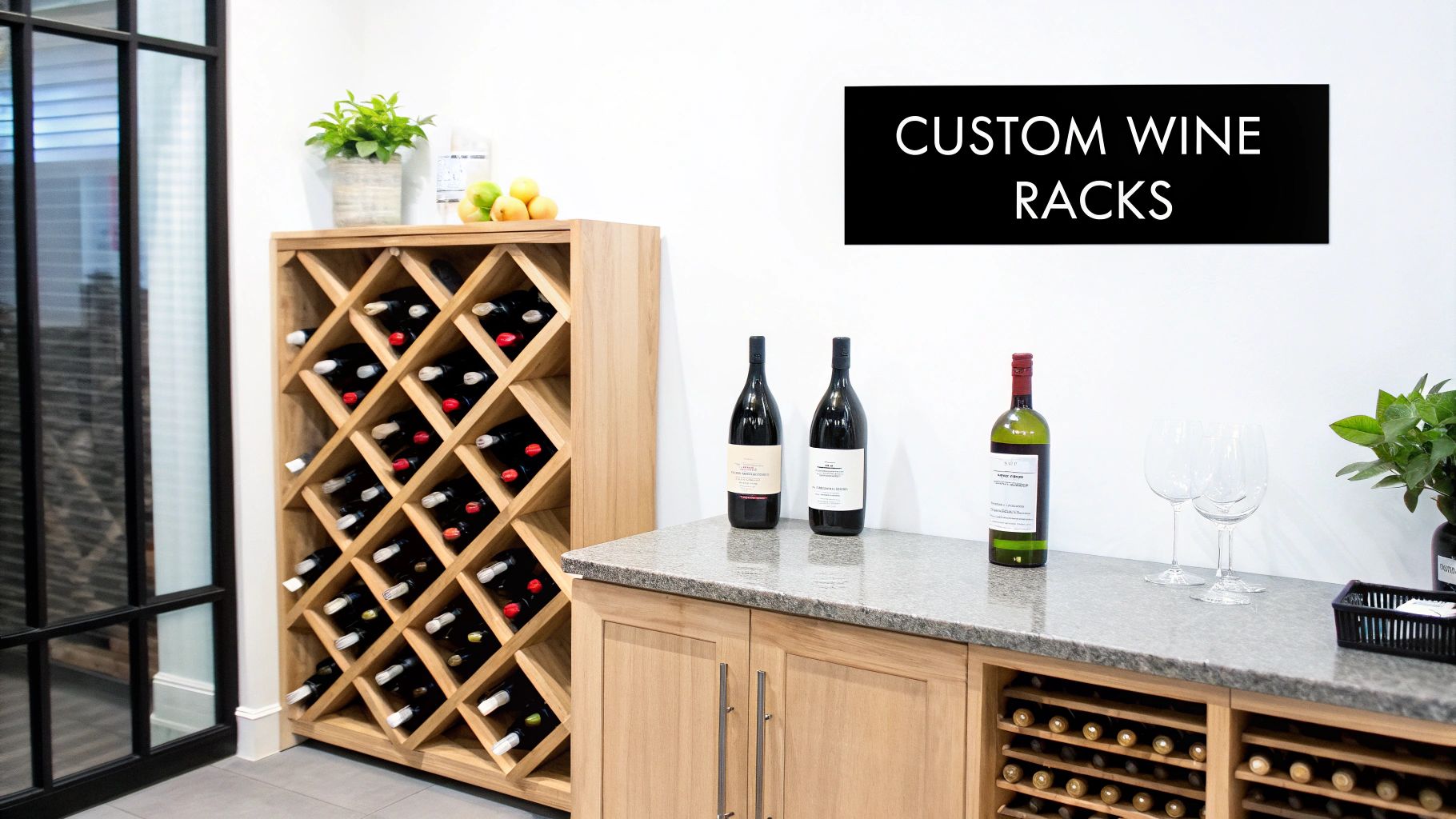 A beautifully designed home wine cellar with custom wooden cabinetry and racking