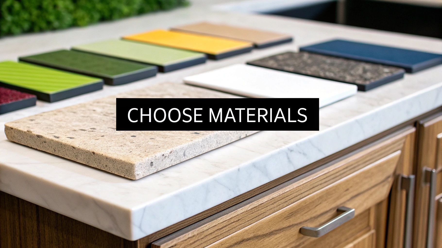 Close-up of kitchen countertop with various material samples, including stone, marble, and colorful swatches.