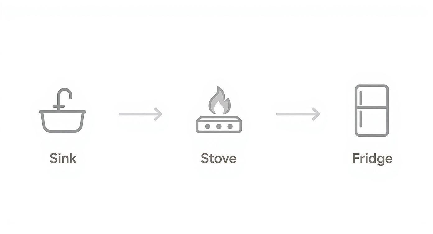 Line art icons of a kitchen sink, stove, and fridge in a sequence with arrows.