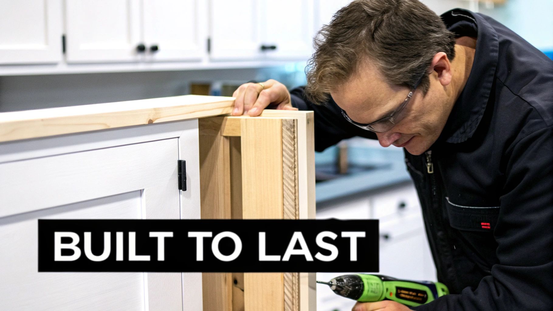 A man in safety glasses carefully drills into a wooden cabinet frame, assembling custom furniture.