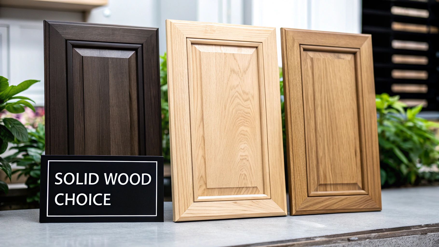 Three solid wood kitchen cabinet door samples in dark, natural, and medium brown finishes, showcasing choices.