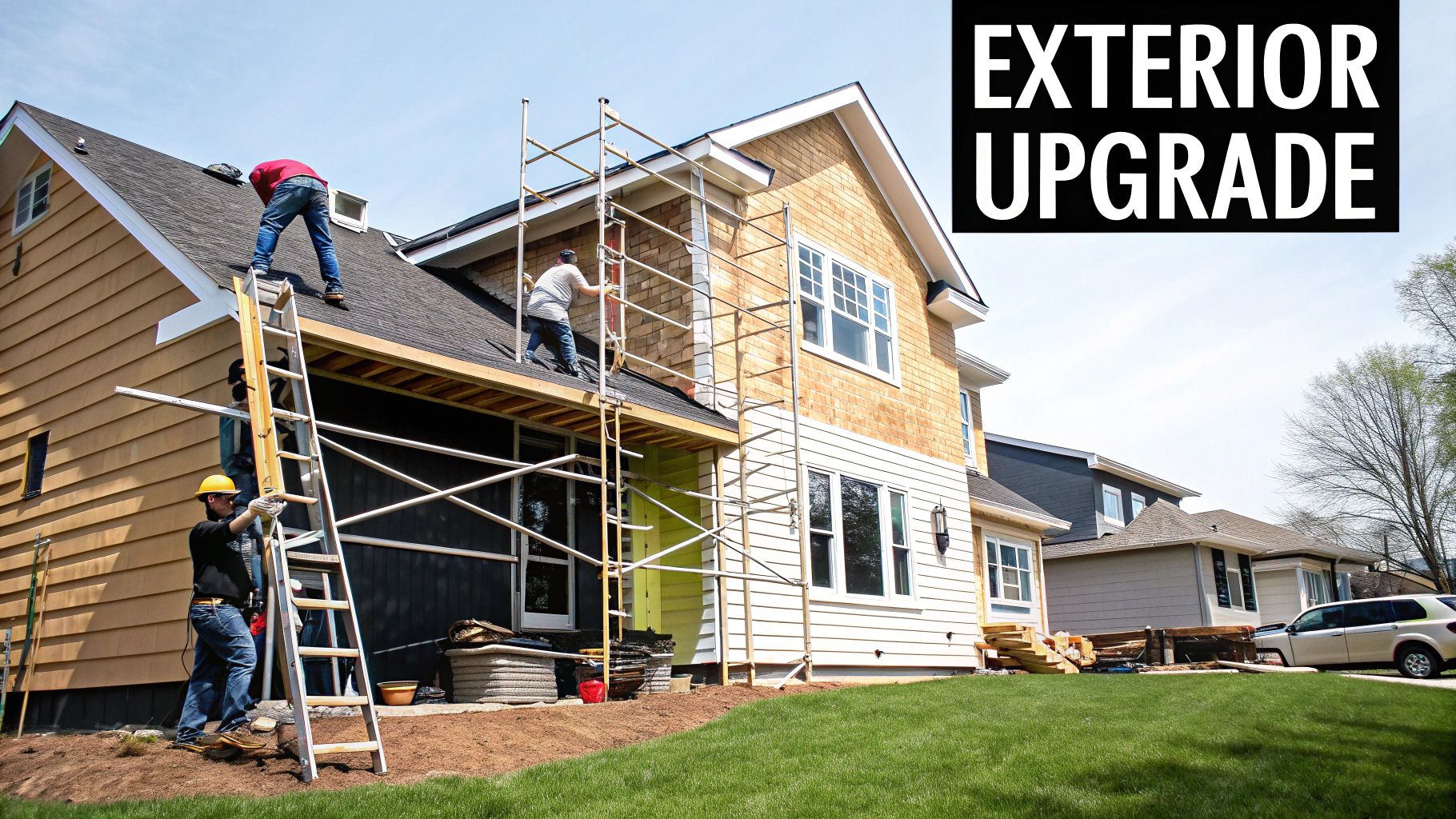 Couple planning their renovation budget with blueprints and a laptop.